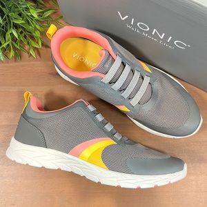 Vionic Women's Gray Mesh Slip-On Sneakers with Pink & Yellow Accents